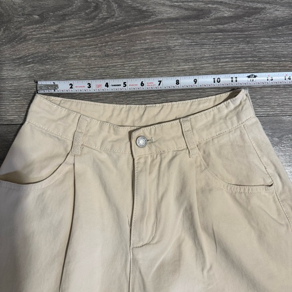 Wide-Leg Boho Women Cream Casual Pleated High Rise Pants Size M Front Pockets - Picture 5 of 11